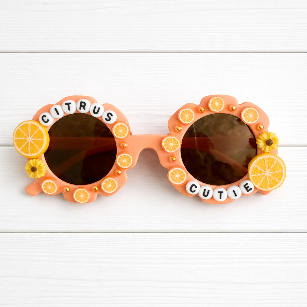 Kids flower orange sunglasses with two orange charms and "Citrus Cutie" text surrounding the frames. Little orange embellishments and orange pearls outline the frames.
