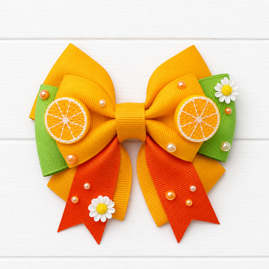 Orange and green girls hair bow with orange slices and flowers on a white wooden background