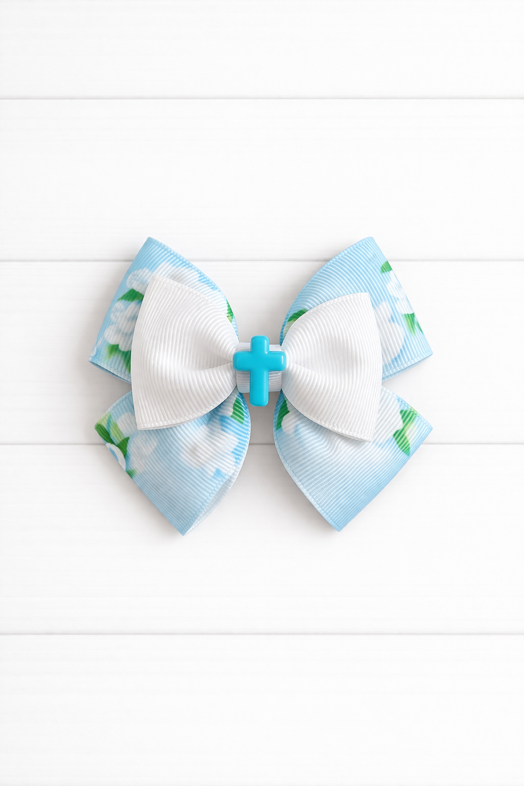 Blue Floral Cross Grosgrain Bow