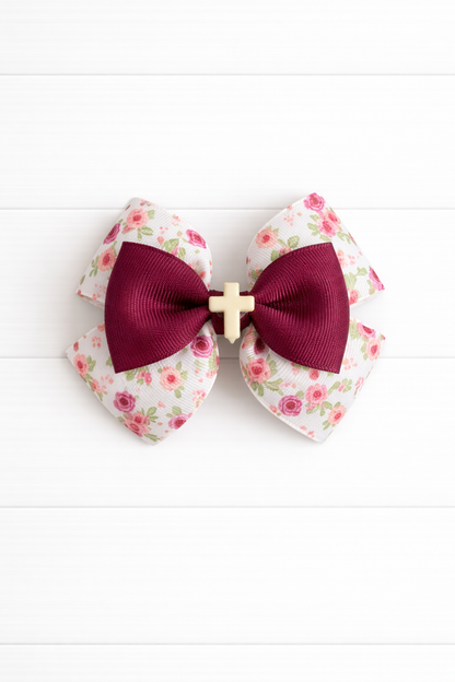 Burgundy Floral Cross Grosgrain Bow