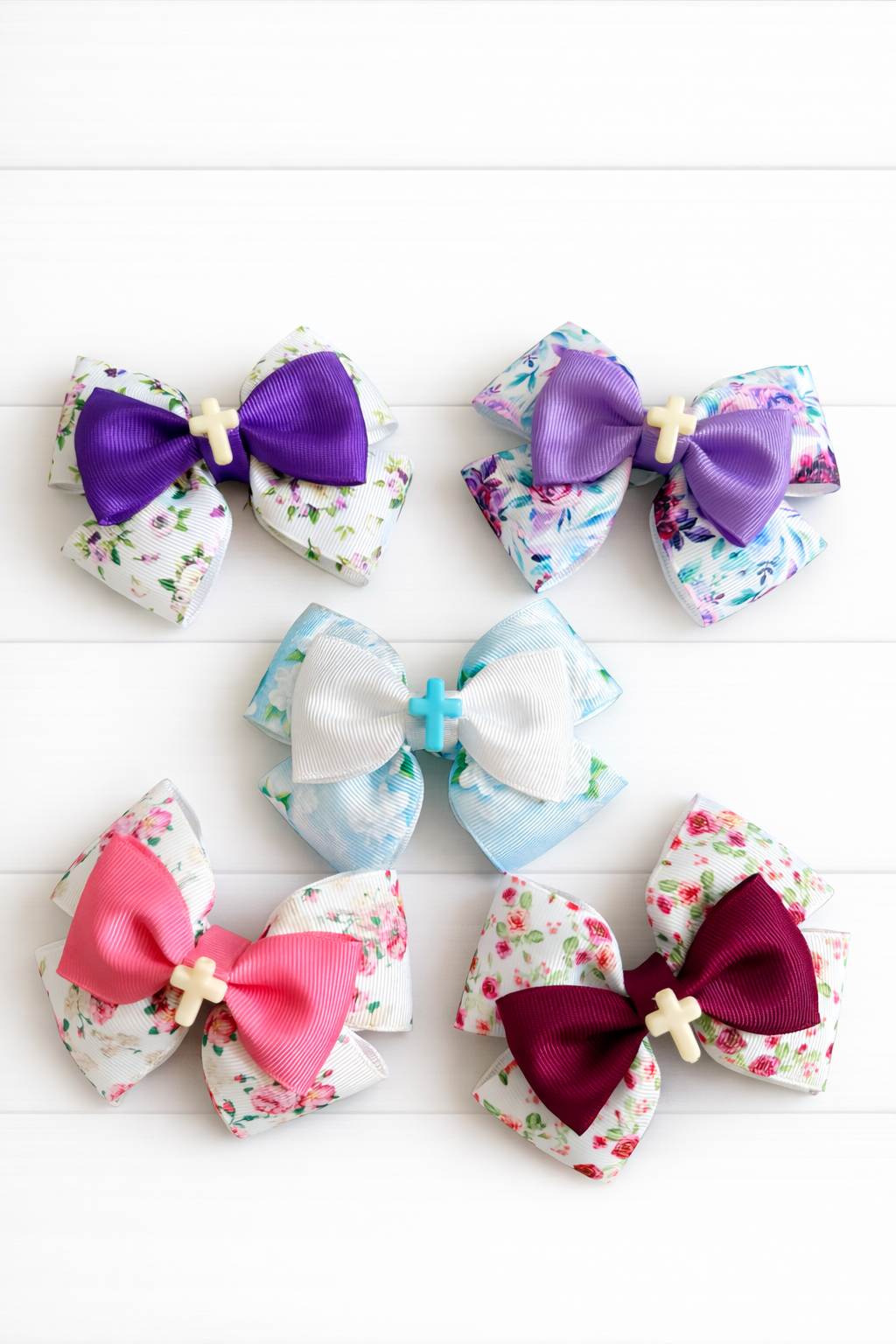 Blue Floral Cross Grosgrain Bow