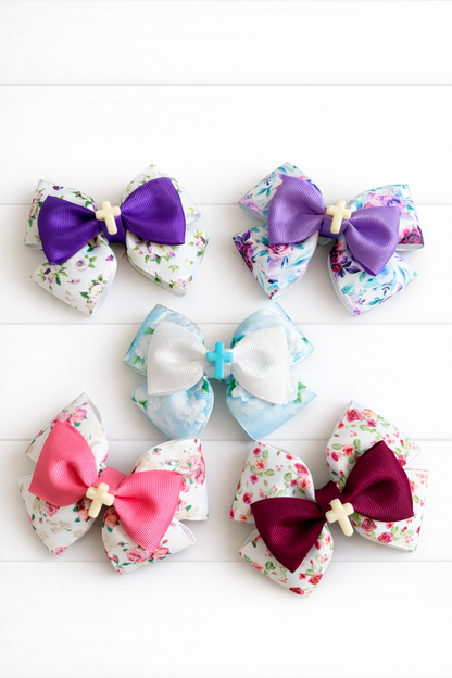 Blue Floral Cross Grosgrain Bow