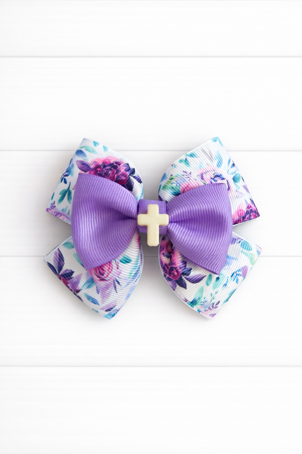 Light Purple Floral Cross Grosgrain Bow