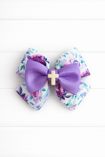 Light Purple Floral Cross Grosgrain Bow