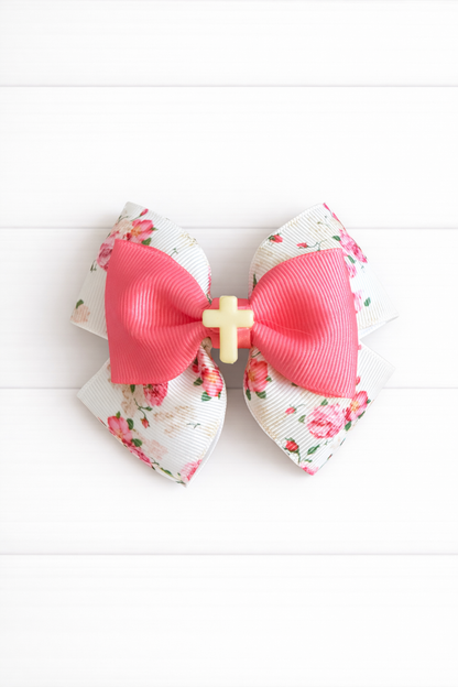 Pink Floral Cross Grosgrain Bow