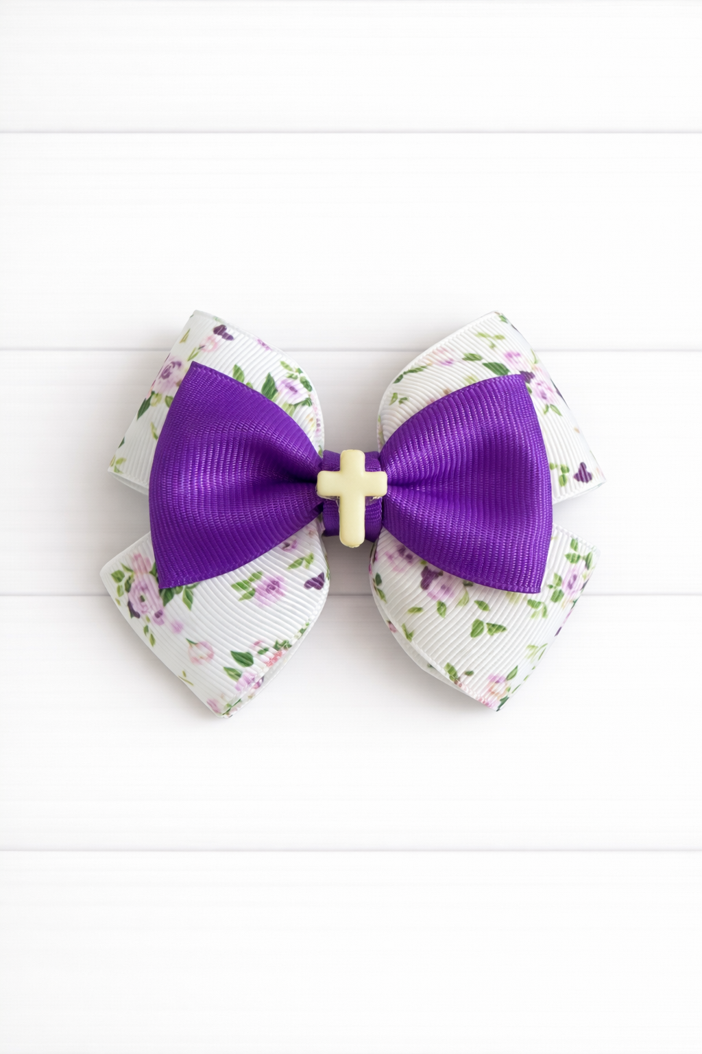 Dark Purple Floral Cross Grosgrain Bow