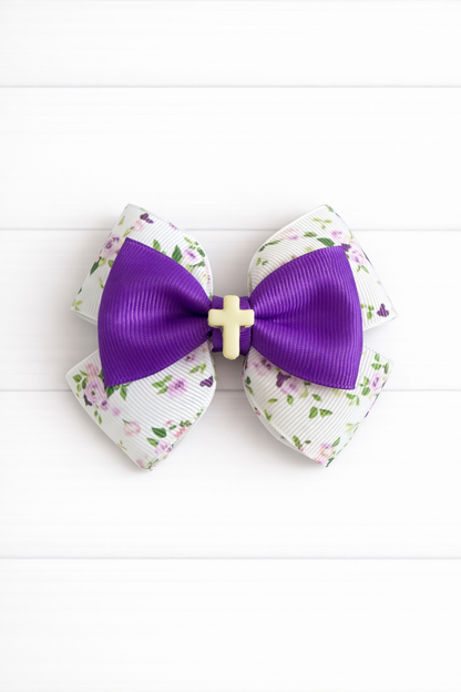 Dark Purple Floral Cross Grosgrain Bow