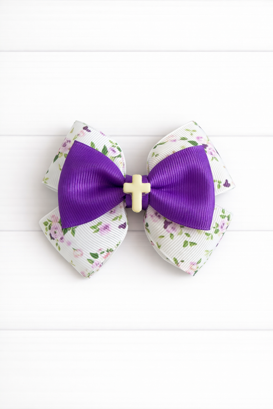 Dark Purple Floral Cross Grosgrain Bow