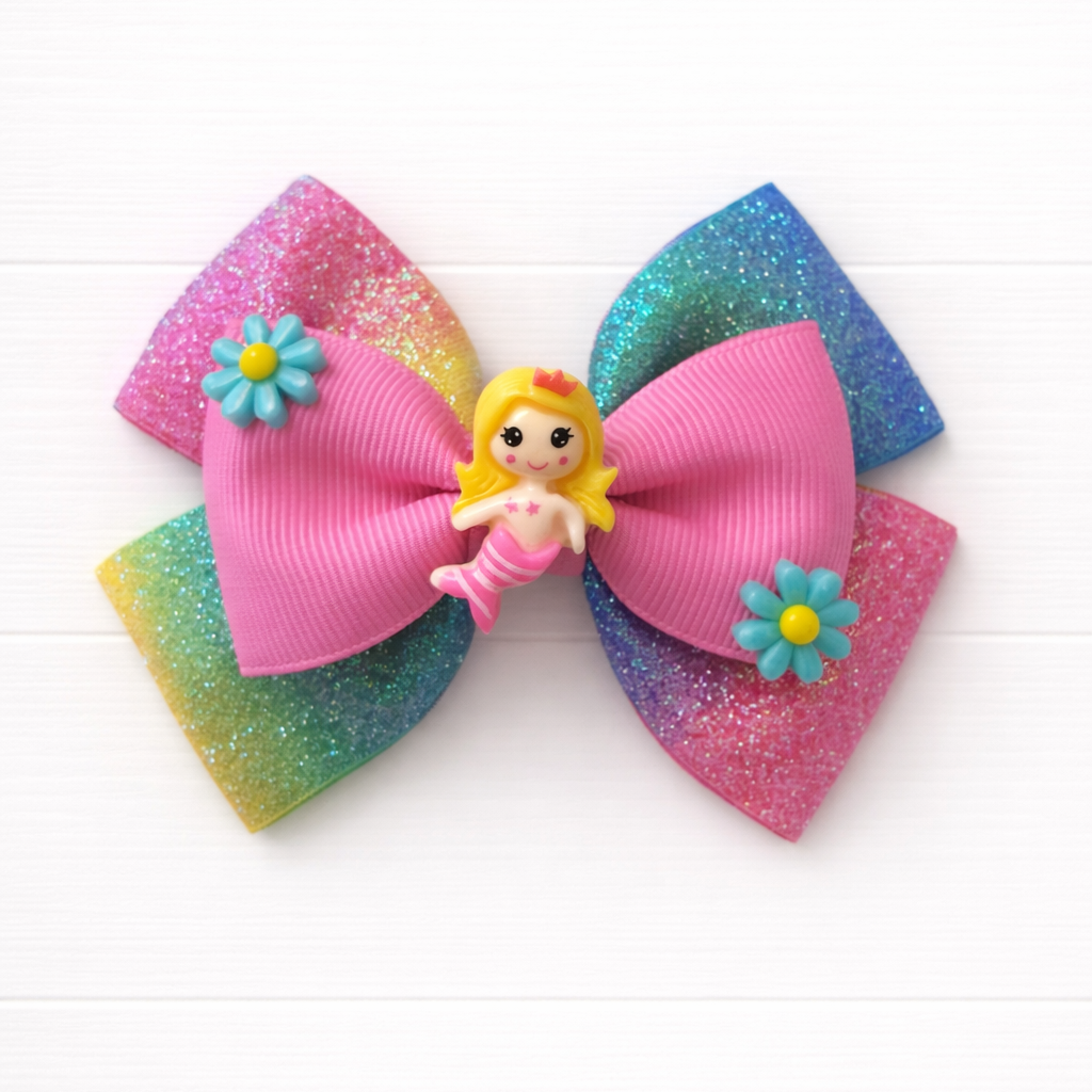 Rainbow sparkle bow in the back layer and pink bow in the front with a mermaid charm in the middle and two blue flowers on the sides